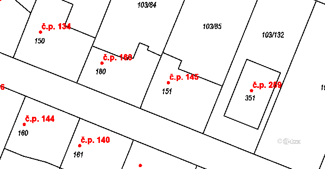 Břežany II 145 na parcele st. 151 v KÚ Břežany II, Katastrální mapa