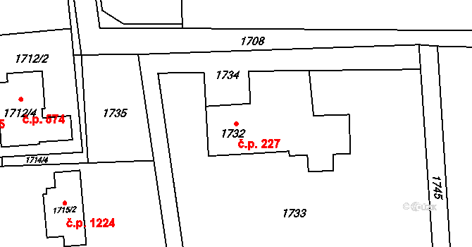 Šumbark 227, Havířov na parcele st. 1732 v KÚ Šumbark, Katastrální mapa
