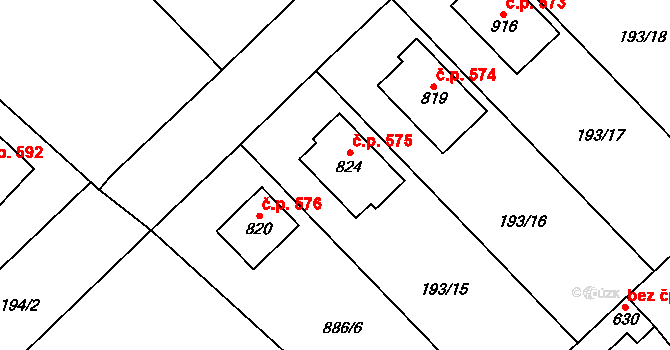 Hrotovice 575 na parcele st. 824 v KÚ Hrotovice, Katastrální mapa