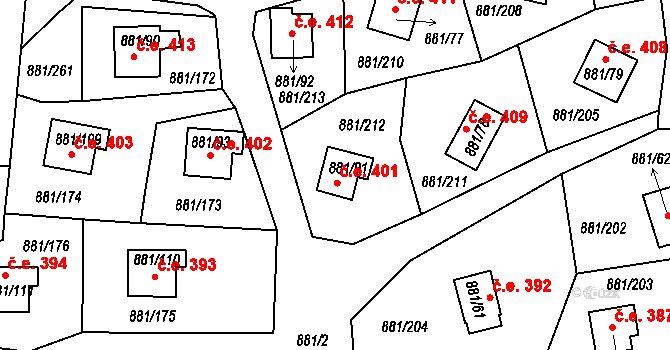 Hůrka 401, Horní Planá na parcele st. 881/91 v KÚ Horní Planá, Katastrální mapa