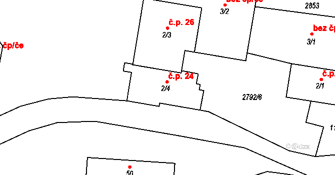 Svéradice 24 na parcele st. 2/4 v KÚ Svéradice, Katastrální mapa