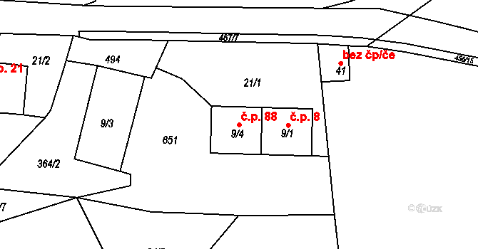 Sedlečko 88, Šemnice na parcele st. 9/4 v KÚ Sedlečko u Karlových Var, Katastrální mapa