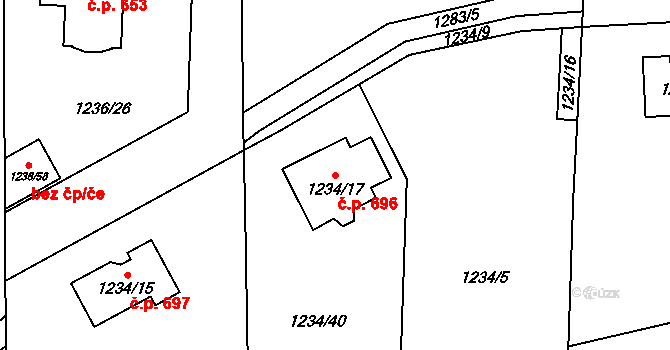 Líně 696 na parcele st. 1234/17 v KÚ Líně, Katastrální mapa