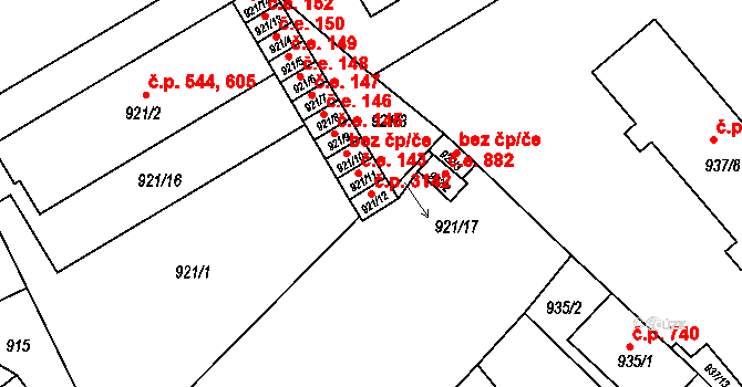 Vyškov-Předměstí 3142, Vyškov na parcele st. 921/12 v KÚ Vyškov, Katastrální mapa