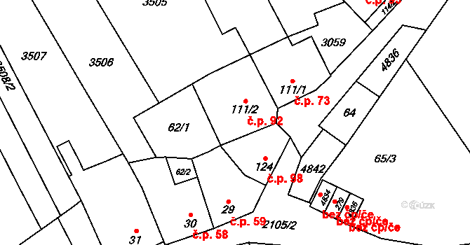 Moravské Prusy 92, Prusy-Boškůvky na parcele st. 111/2 v KÚ Moravské Prusy, Katastrální mapa