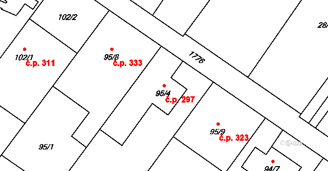 Kozmice 297 na parcele st. 95/4 v KÚ Kozmice, Katastrální mapa