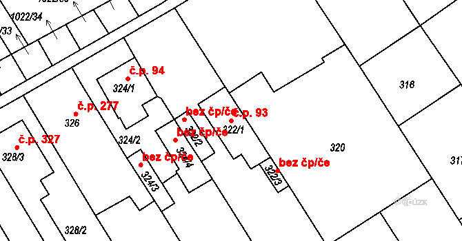 Huštěnovice 93 na parcele st. 322/1 v KÚ Huštěnovice, Katastrální mapa