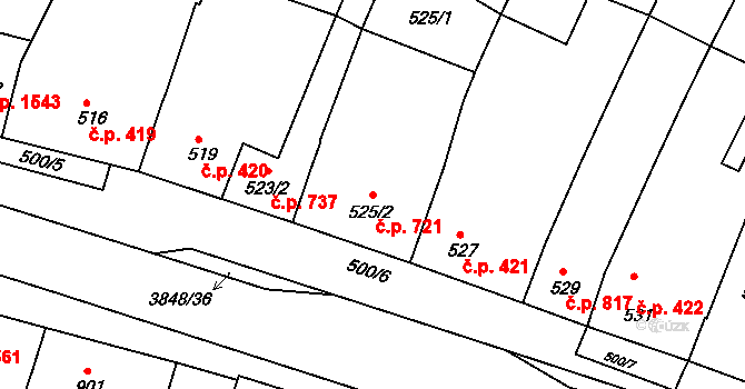 Kunovice 721 na parcele st. 525/2 v KÚ Kunovice u Uherského Hradiště, Katastrální mapa
