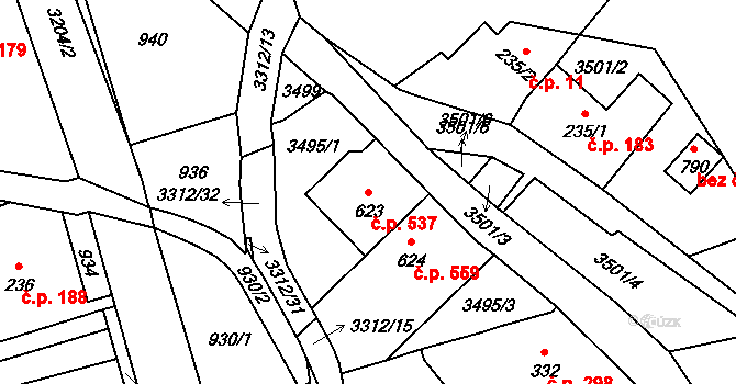 Horní Jiřetín 537 na parcele st. 623 v KÚ Horní Jiřetín, Katastrální mapa