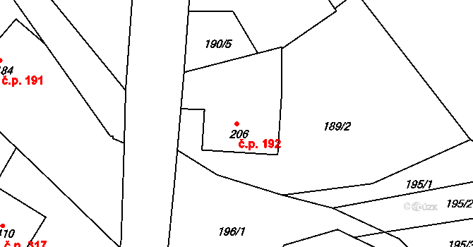Rosice 192 na parcele st. 206 v KÚ Rosice u Chrasti, Katastrální mapa
