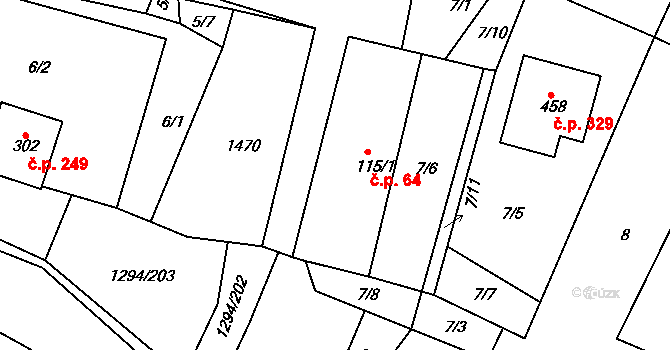 Dolní Roveň 64 na parcele st. 115/1 v KÚ Dolní Roveň, Katastrální mapa