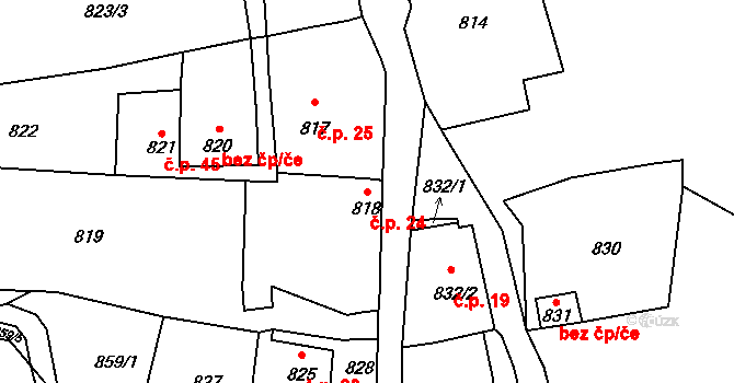 Střezov 24, Březno na parcele st. 818 v KÚ Březno u Chomutova, Katastrální mapa