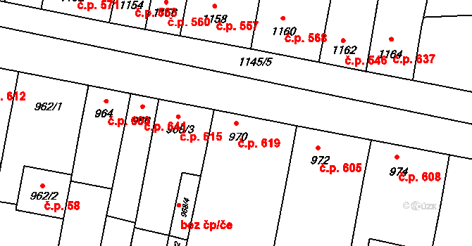 Velké Pavlovice 619 na parcele st. 970 v KÚ Velké Pavlovice, Katastrální mapa