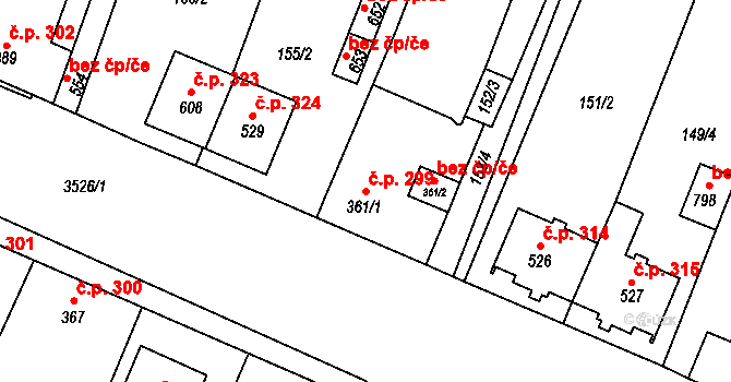 Hrabětice 299 na parcele st. 361/1 v KÚ Hrabětice, Katastrální mapa
