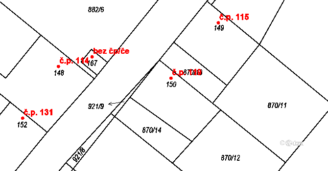 Vestec 119 na parcele st. 150 v KÚ Vestec nad Mrlinou, Katastrální mapa