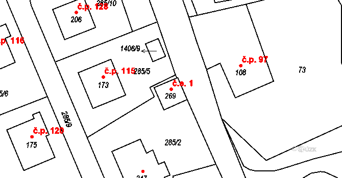 Hybrálec 1 na parcele st. 269 v KÚ Hybrálec, Katastrální mapa