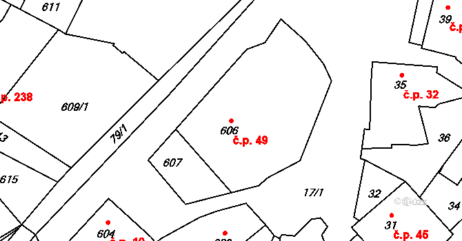 Hřebeč 49 na parcele st. 606 v KÚ Hřebeč, Katastrální mapa