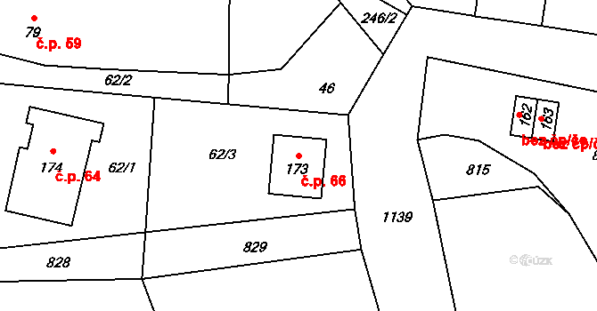Hořešovice 66 na parcele st. 173 v KÚ Hořešovice, Katastrální mapa