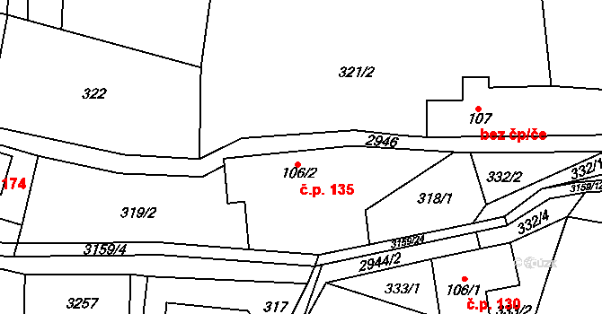 Čistá u Horek 135 na parcele st. 106/2 v KÚ Čistá u Horek, Katastrální mapa