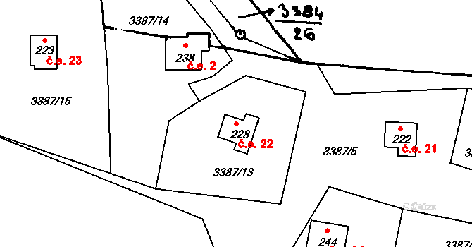 Třitim 22, Žimutice na parcele st. 228 v KÚ Třitim, Katastrální mapa