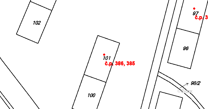 Miřetice u Klášterce nad Ohří 385,386, Klášterec nad Ohří na parcele st. 101 v KÚ Miřetice u Klášterce nad Ohří, Katastrální mapa