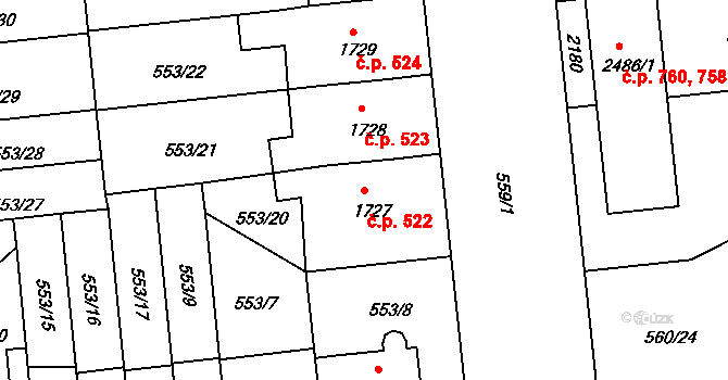 Mladá Boleslav II 522, Mladá Boleslav na parcele st. 1727 v KÚ Mladá Boleslav, Katastrální mapa