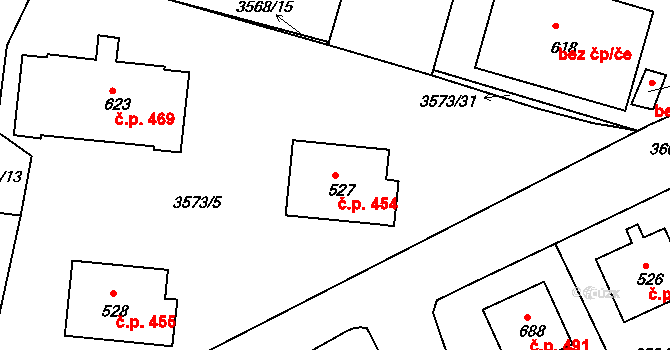 Strmilov 454 na parcele st. 527 v KÚ Strmilov, Katastrální mapa