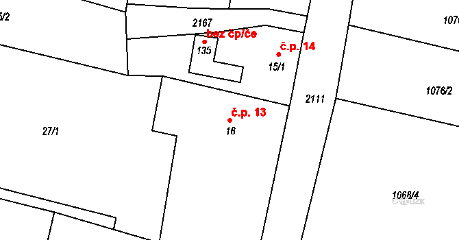 Jasenice 13, Lešná na parcele st. 16 v KÚ Jasenice u Valašského Meziříčí, Katastrální mapa