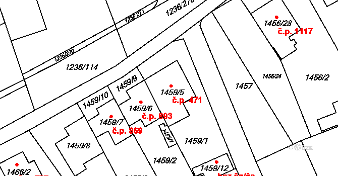 Stodůlky 471, Praha na parcele st. 1459/5 v KÚ Stodůlky, Katastrální mapa