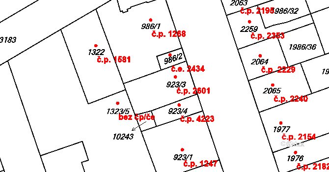 Hodonín 2601 na parcele st. 923/3 v KÚ Hodonín, Katastrální mapa