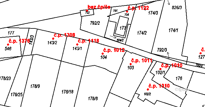 Předklášteří 1012 na parcele st. 104 v KÚ Předklášteří, Katastrální mapa