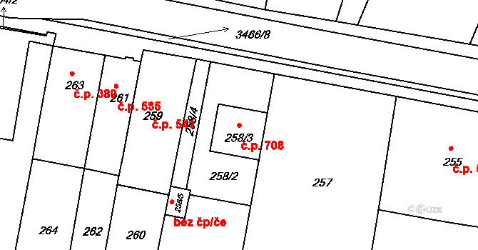 Střelice 708 na parcele st. 258/3 v KÚ Střelice u Brna, Katastrální mapa