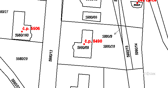 Chomutov 5490 na parcele st. 5980/89 v KÚ Chomutov I, Katastrální mapa