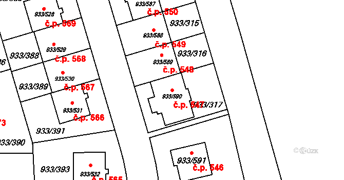 Satalice 547, Praha na parcele st. 933/590 v KÚ Satalice, Katastrální mapa