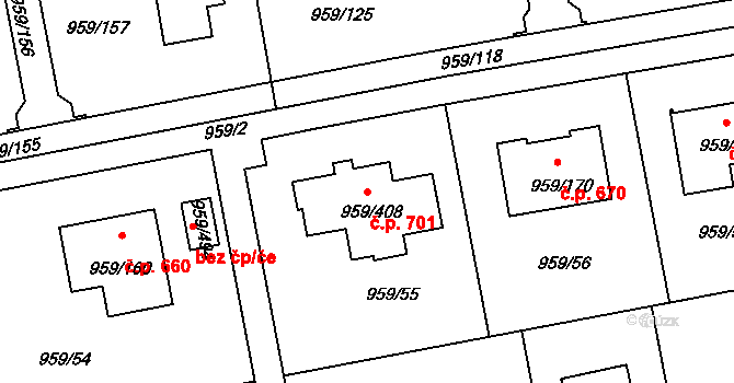 Průhonice 701 na parcele st. 959/408 v KÚ Průhonice, Katastrální mapa
