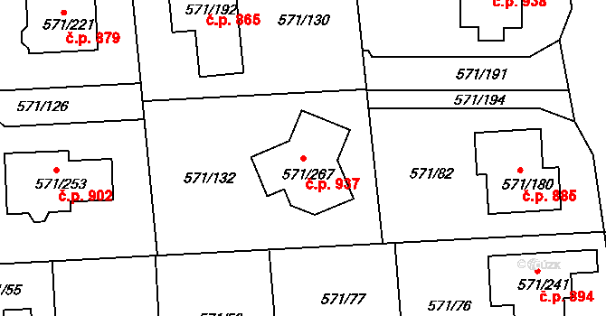 Šeberov 937, Praha na parcele st. 571/267 v KÚ Šeberov, Katastrální mapa
