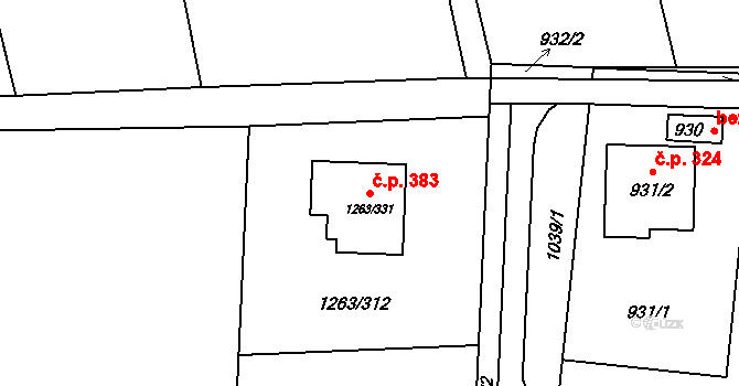 Hvozdná 383 na parcele st. 1263/331 v KÚ Hvozdná, Katastrální mapa
