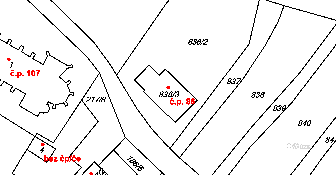 Konice 86, Znojmo na parcele st. 836/3 v KÚ Konice u Znojma, Katastrální mapa