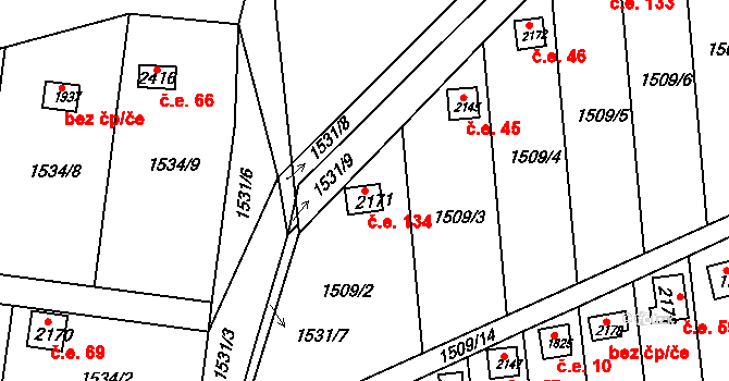 Tišnov 134 na parcele st. 2171 v KÚ Tišnov, Katastrální mapa