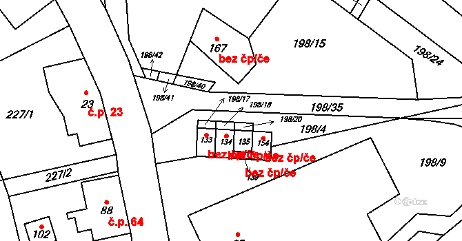 Slaná 44738170 na parcele st. 135 v KÚ Bořkov, Katastrální mapa