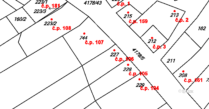 Ostrožská Lhota 106 na parcele st. 227 v KÚ Ostrožská Lhota, Katastrální mapa