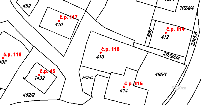Králíky 116 na parcele st. 413 v KÚ Králíky, Katastrální mapa