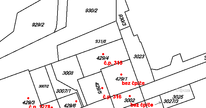 Choceň 315 na parcele st. 429/4 v KÚ Choceň, Katastrální mapa