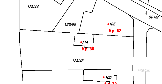 Červené Záhoří 85, Chotoviny na parcele st. 114 v KÚ Červené Záhoří, Katastrální mapa