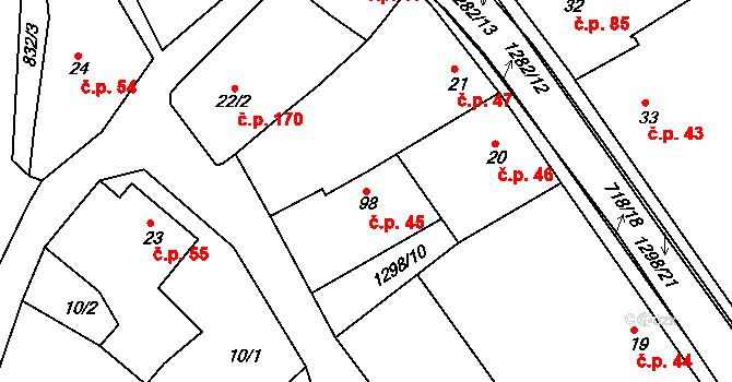 Hrádek 45 na parcele st. 98 v KÚ Hrádek u Sušice, Katastrální mapa