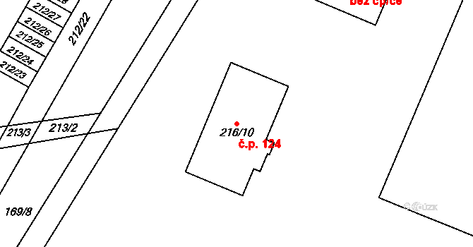 Kladruby nad Labem 124 na parcele st. 216/10 v KÚ Kladruby nad Labem, Katastrální mapa