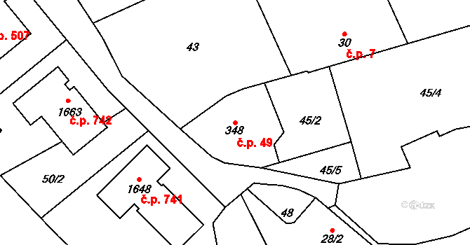 Rosice 49, Pardubice na parcele st. 348 v KÚ Rosice nad Labem, Katastrální mapa