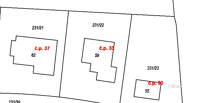 Radimovice 33, Petříkov na parcele st. 59 v KÚ Radimovice u Velkých Popovic, Katastrální mapa