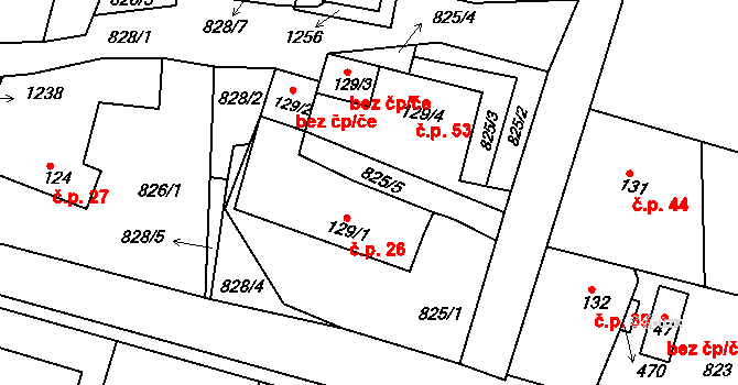Šmolovy 26, Havlíčkův Brod na parcele st. 129/1 v KÚ Šmolovy u Havlíčkova Brodu, Katastrální mapa
