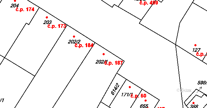 Šakvice 187 na parcele st. 202/1 v KÚ Šakvice, Katastrální mapa